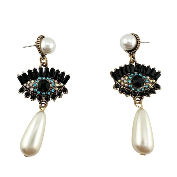 Evil Eye Rhinestone Pearl Drop Dangle Earrings - Picture 3 of 7